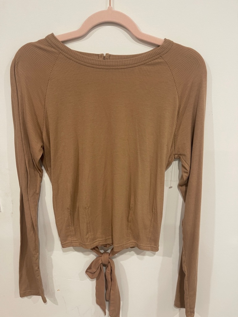 Free People Ribbed Tie-Front Long Sleeve Top in Camel